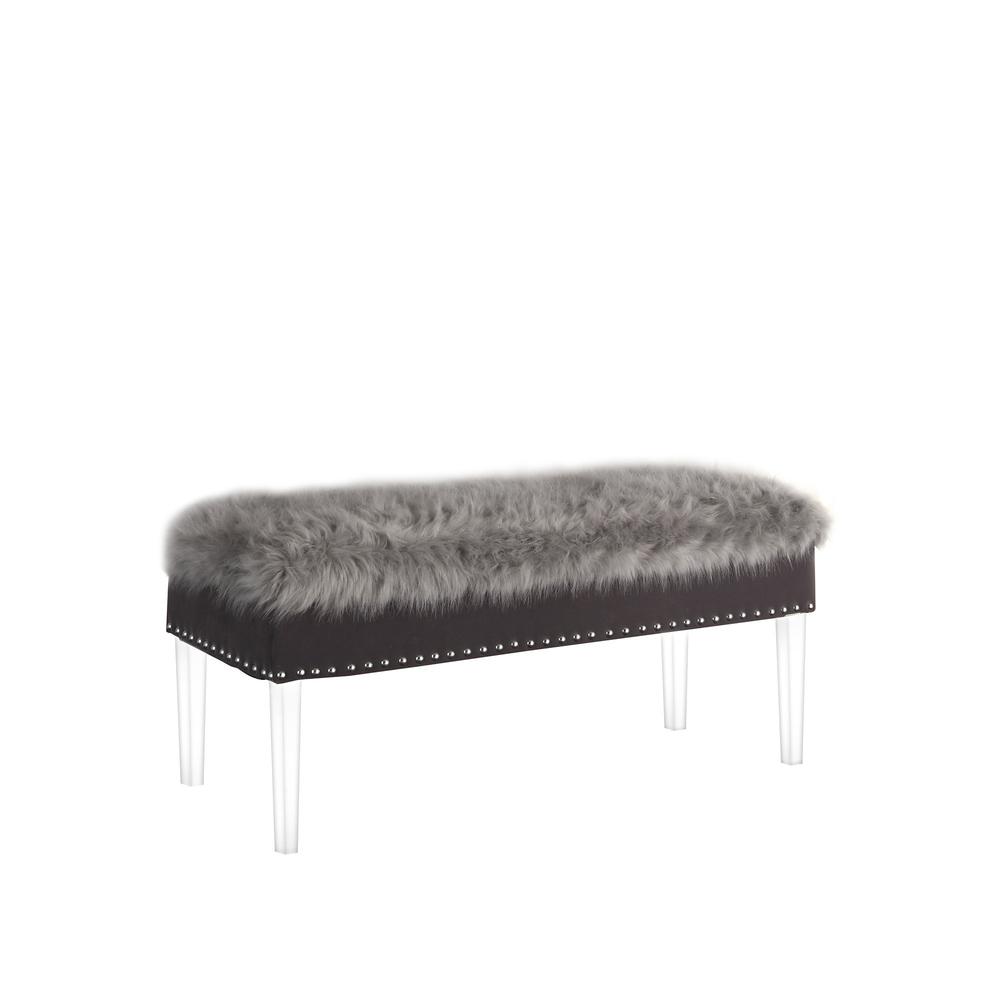 42" Gray and Clear Upholstered Faux Fur Bench with Flip top. Picture 1