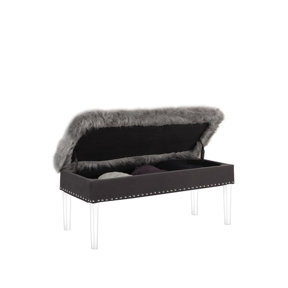 42" Gray and Clear Upholstered Faux Fur Bench with Flip top. Picture 3