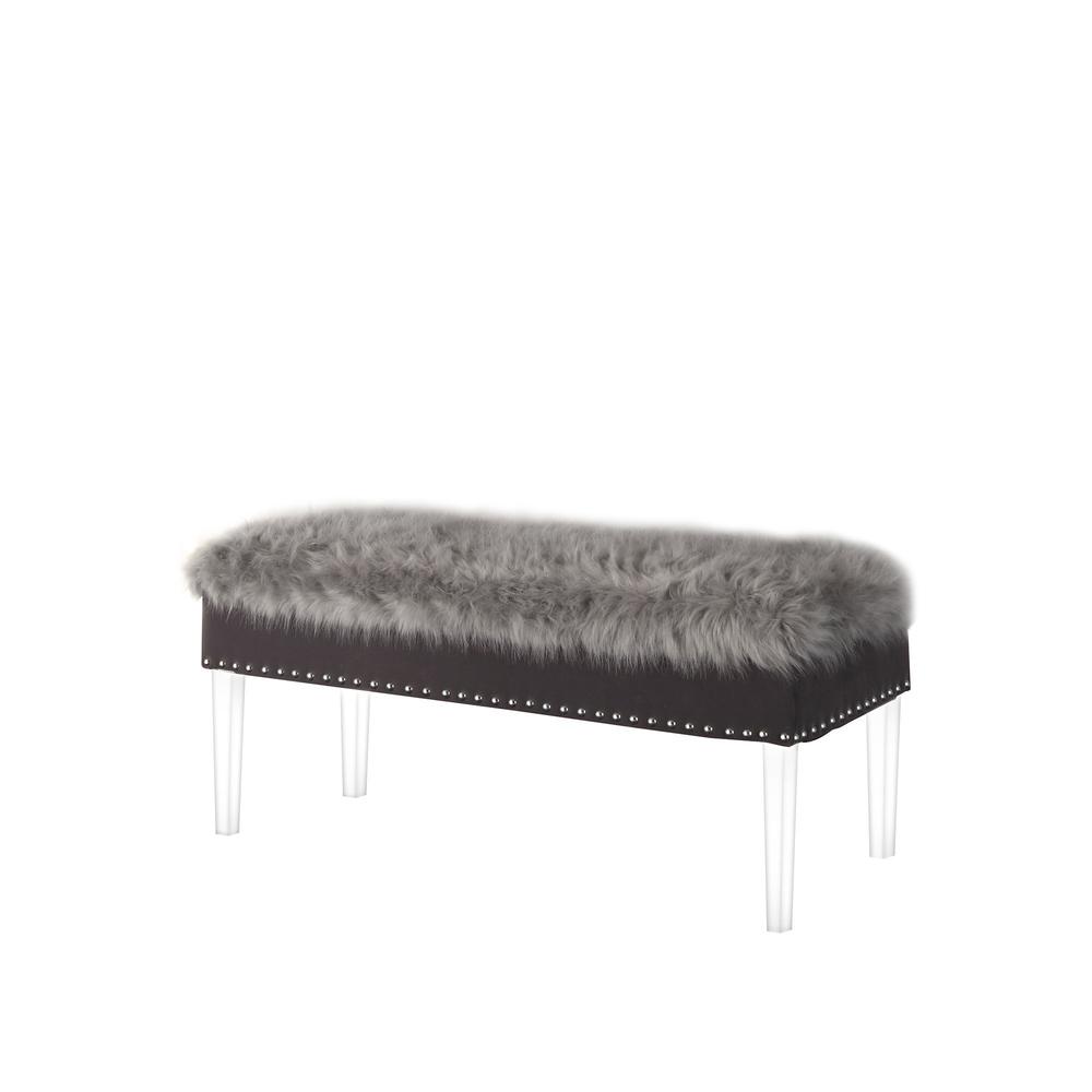 42" Gray and Clear Upholstered Faux Fur Bench with Flip top. Picture 4