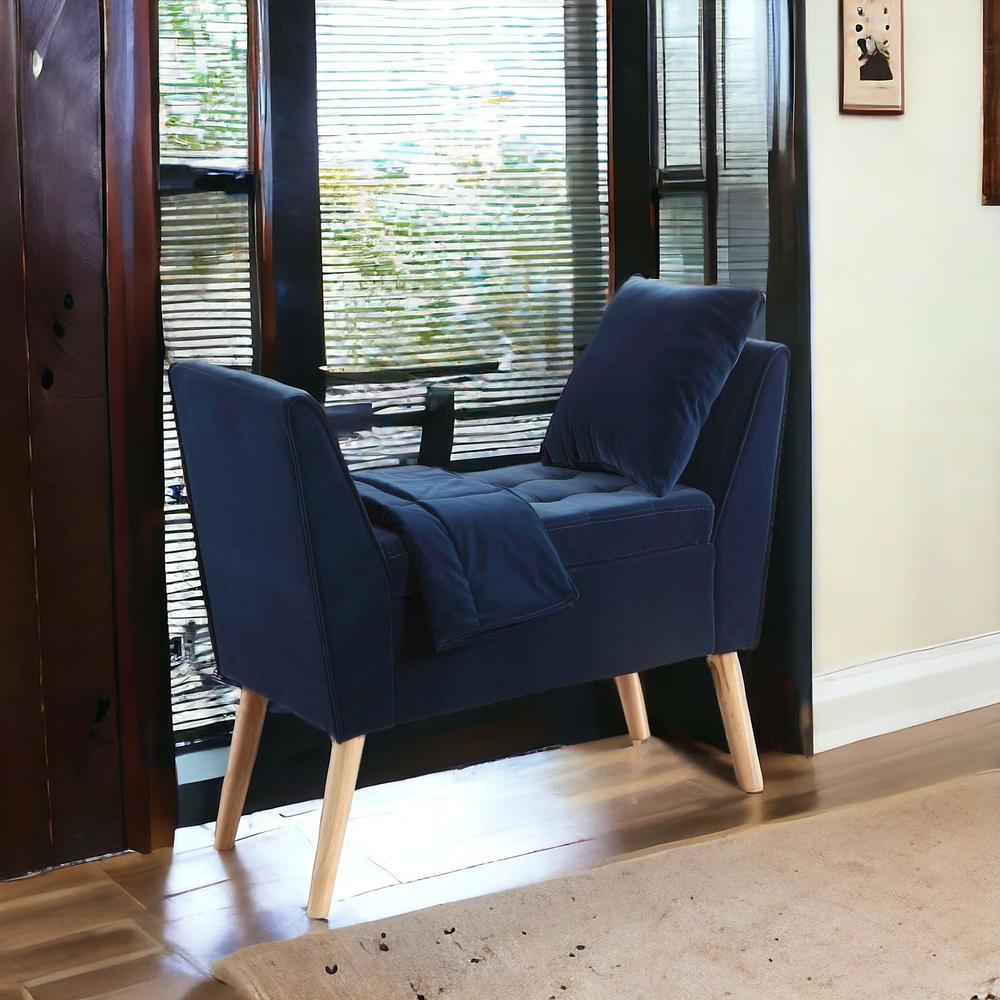 47" Navy Blue and Natural Upholstered Microsuede Bench with Flip top. Picture 2