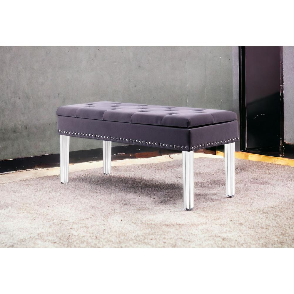 17" Clear And Gray Upholstered Velvet Entryway Bench With Flip Top. Picture 2