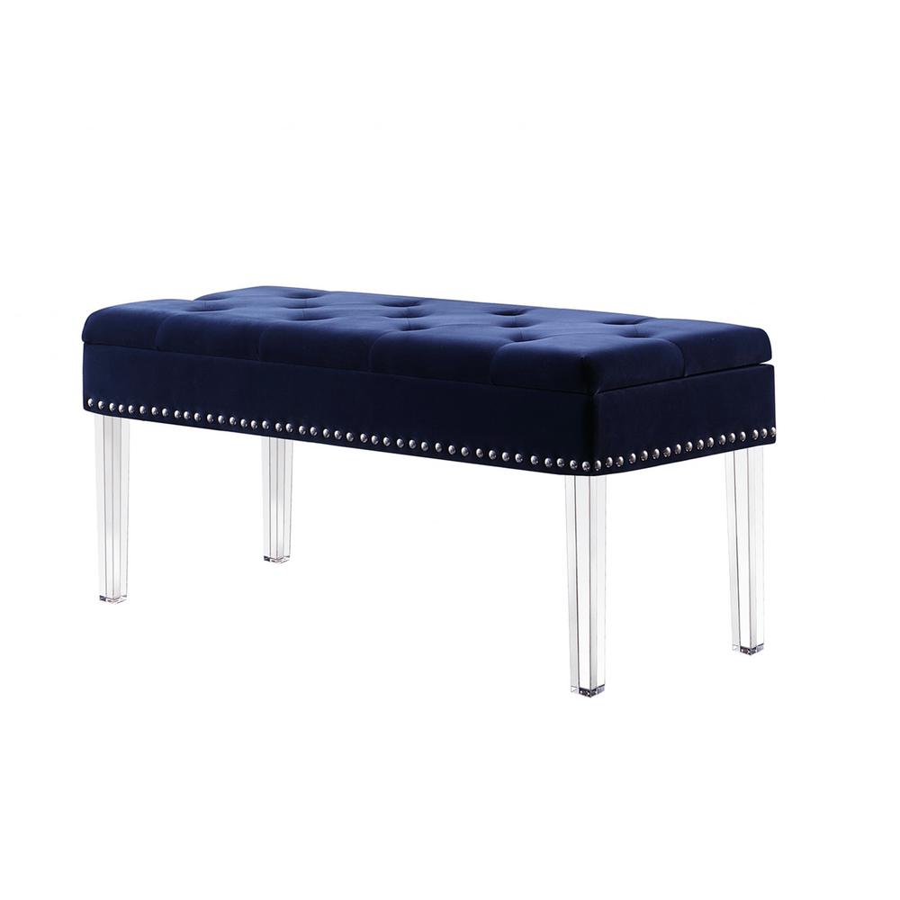 42" Navy Blue Velvet and Clear Acrylic Storage Bench. Picture 1