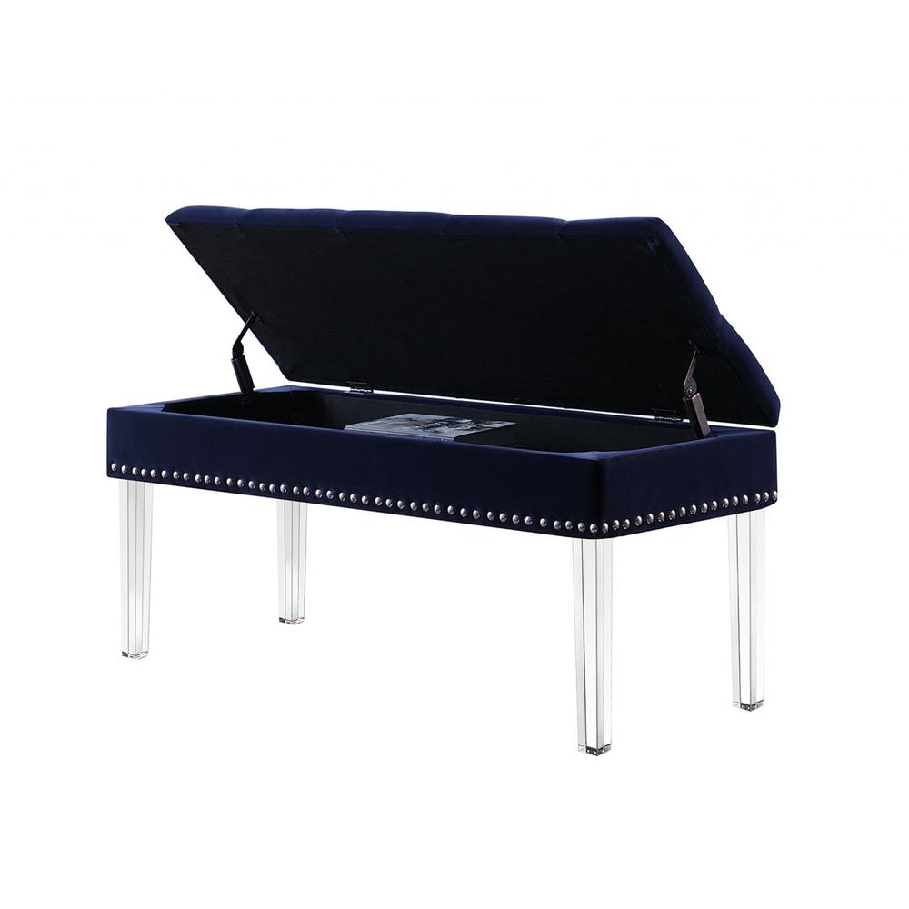 42" Navy Blue Velvet and Clear Acrylic Storage Bench. Picture 2