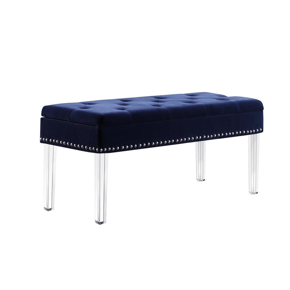42" Navy Blue Velvet and Clear Acrylic Storage Bench. Picture 3