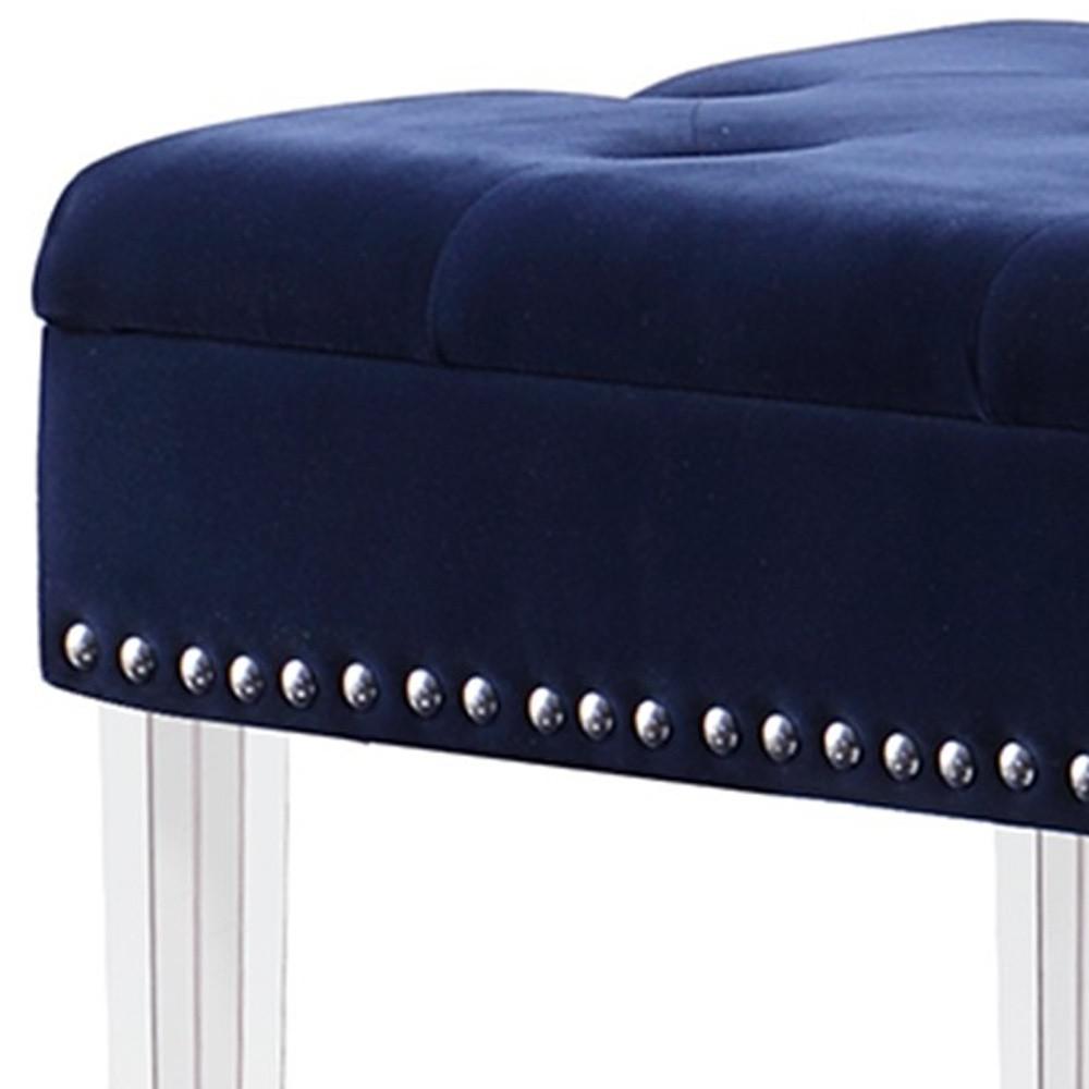 42" Navy Blue Velvet and Clear Acrylic Storage Bench. Picture 4