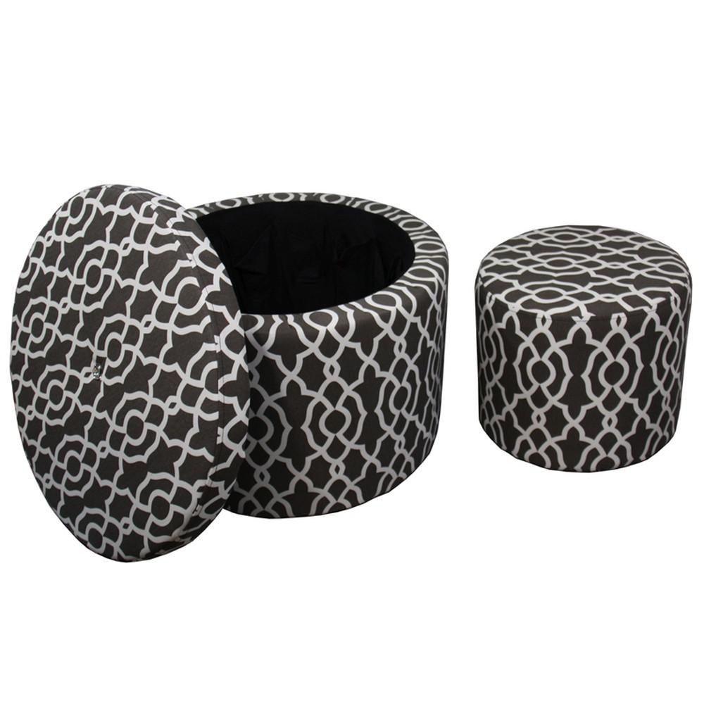 23" Black And White Polyester Blend Round Geometric Footstool Ottoman. Picture 2