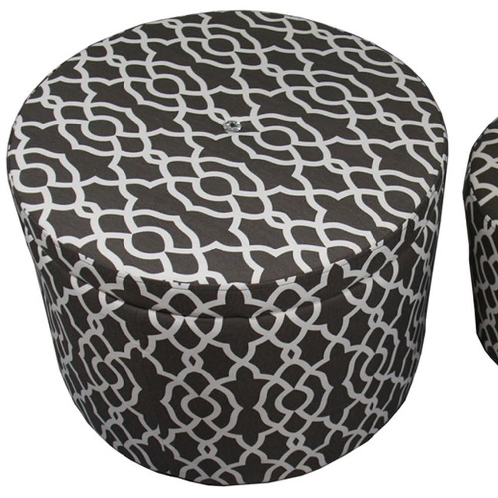 23" Black And White Polyester Blend Round Geometric Footstool Ottoman. Picture 4