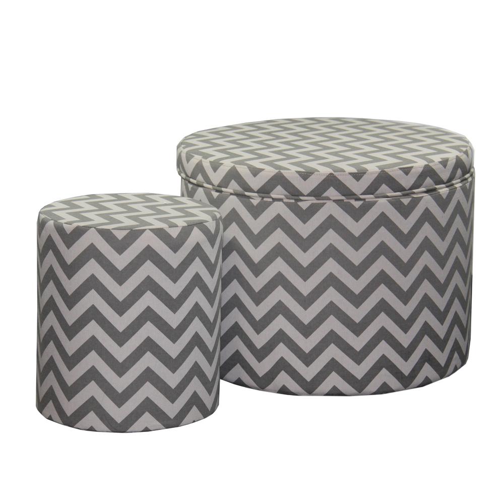23" Gray Polyester Blend Round Geometric Footstool Ottoman. Picture 1