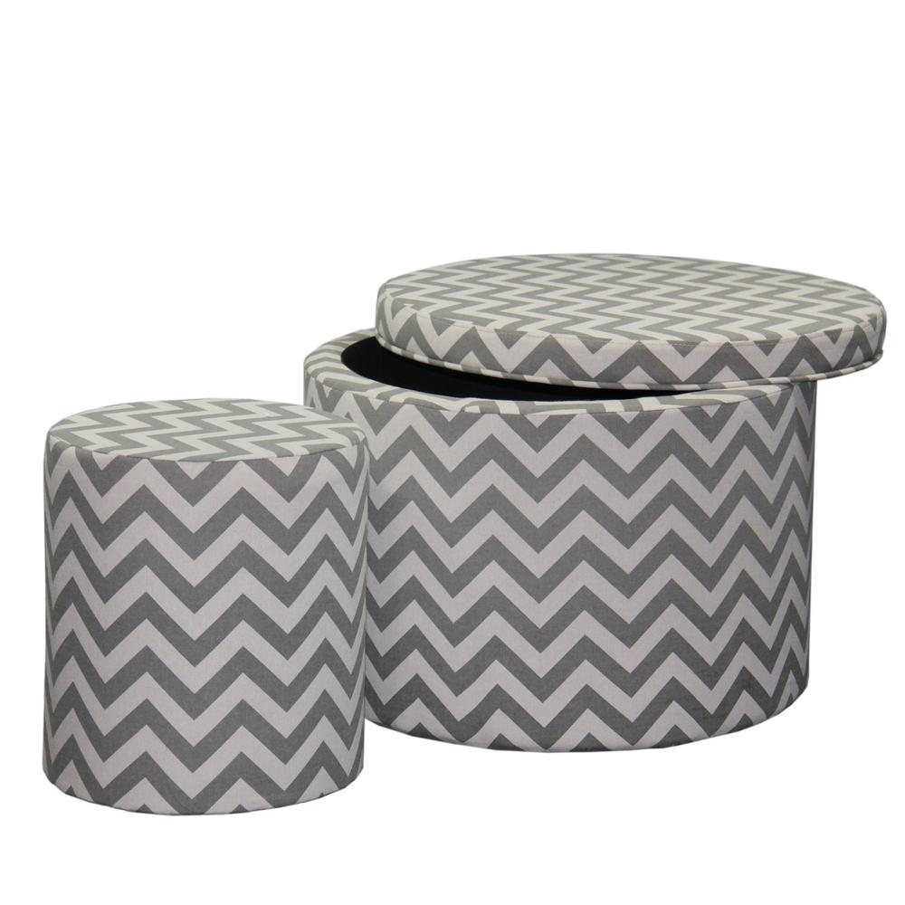 23" Gray Polyester Blend Round Geometric Footstool Ottoman. Picture 2