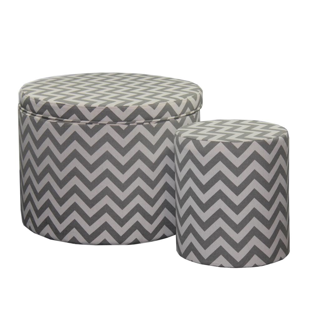 23" Gray Polyester Blend Round Geometric Footstool Ottoman. Picture 3