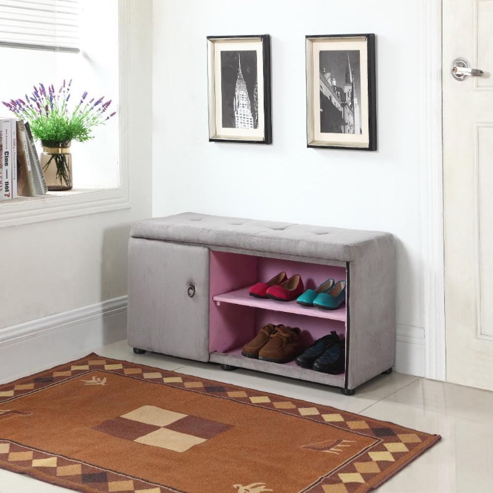 Light Gray and Pink Tufted Shoe Storage Bench. Picture 5