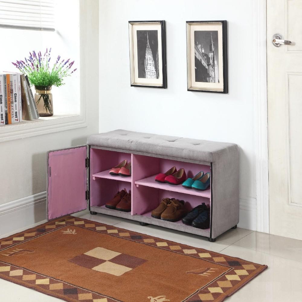 Light Gray and Pink Tufted Shoe Storage Bench. Picture 6