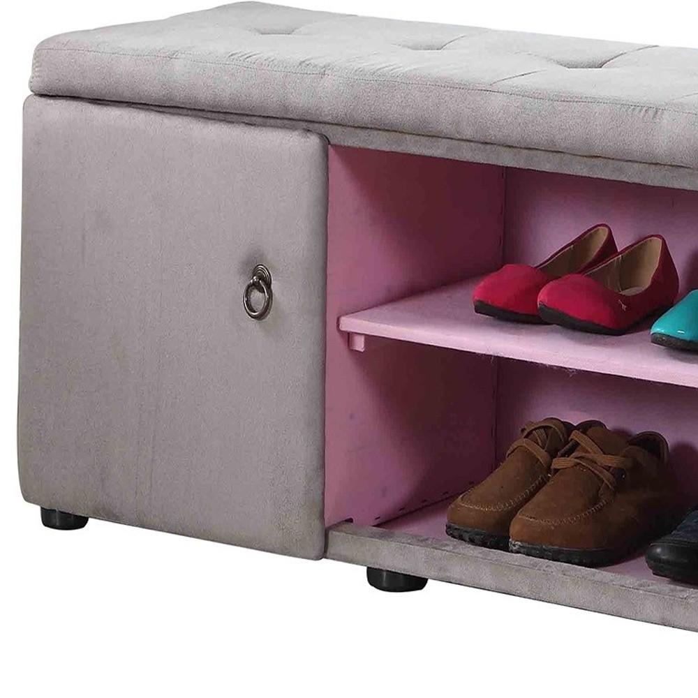 Light Gray and Pink Tufted Shoe Storage Bench. Picture 4