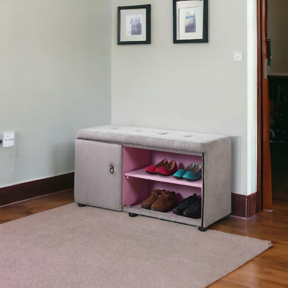 Light Gray and Pink Tufted Shoe Storage Bench. Picture 2