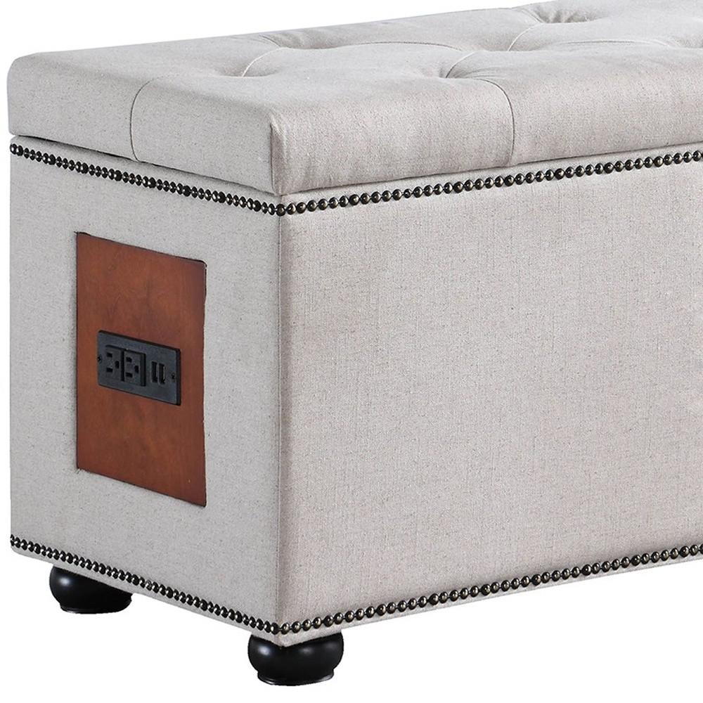 17" Light Khaki Linen And Black Tufted Storage. Picture 4