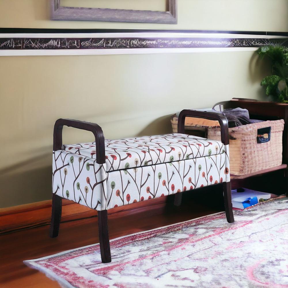 17" Dark Brown And Blue Upholstered 100% Polyester Floral Entryway Bench. Picture 2