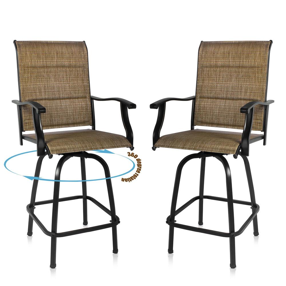 Set Of Two 51" Brown Metal Indoor Outdoor Bar Height Chairs With Footrest. Picture 1