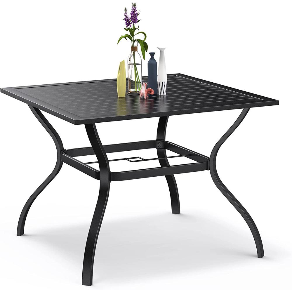 ?Black Square Metal Outdoor Dining Table With Umbrella Hole. Picture 4