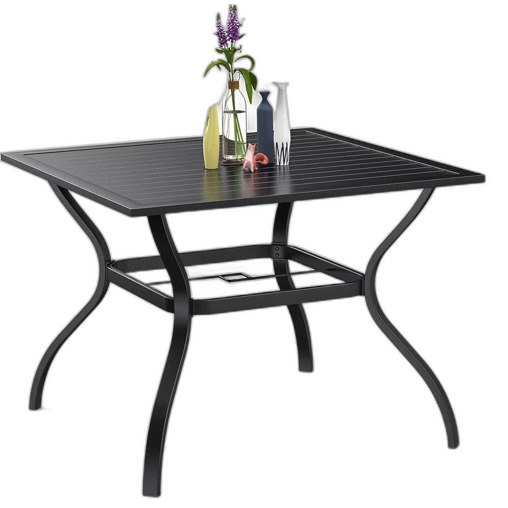 ?Black Square Metal Outdoor Dining Table With Umbrella Hole. Picture 1