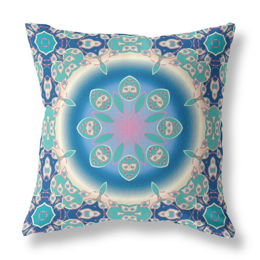 20" X 20" Blue And Turquoise Broadcloth Floral Throw Pillow. Picture 1
