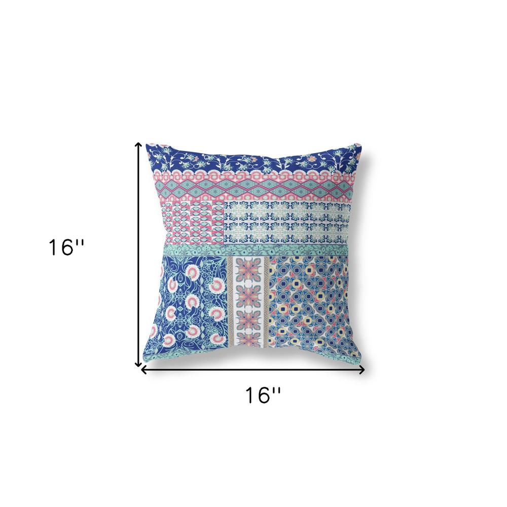 Blue, Pink Zippered Patchwork Indoor Outdoor Throw Pillow Cover & Insert. Picture 6