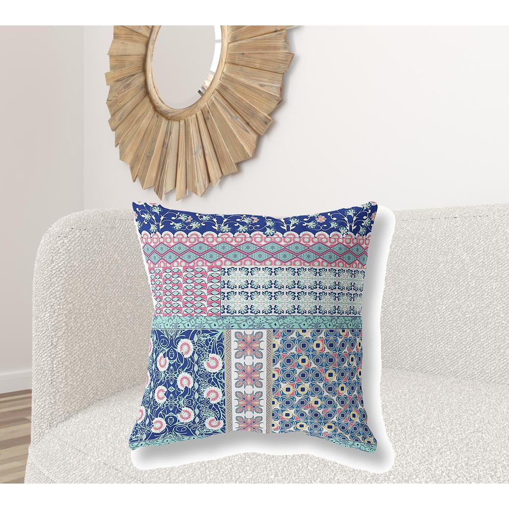 Blue, Pink Zippered Patchwork Indoor Outdoor Throw Pillow Cover & Insert. Picture 3