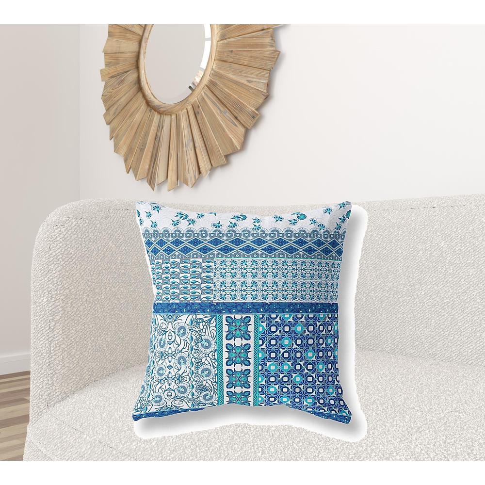 Blue, White Zippered Patchwork Indoor Outdoor Throw Pillow Cover & Insert. Picture 3
