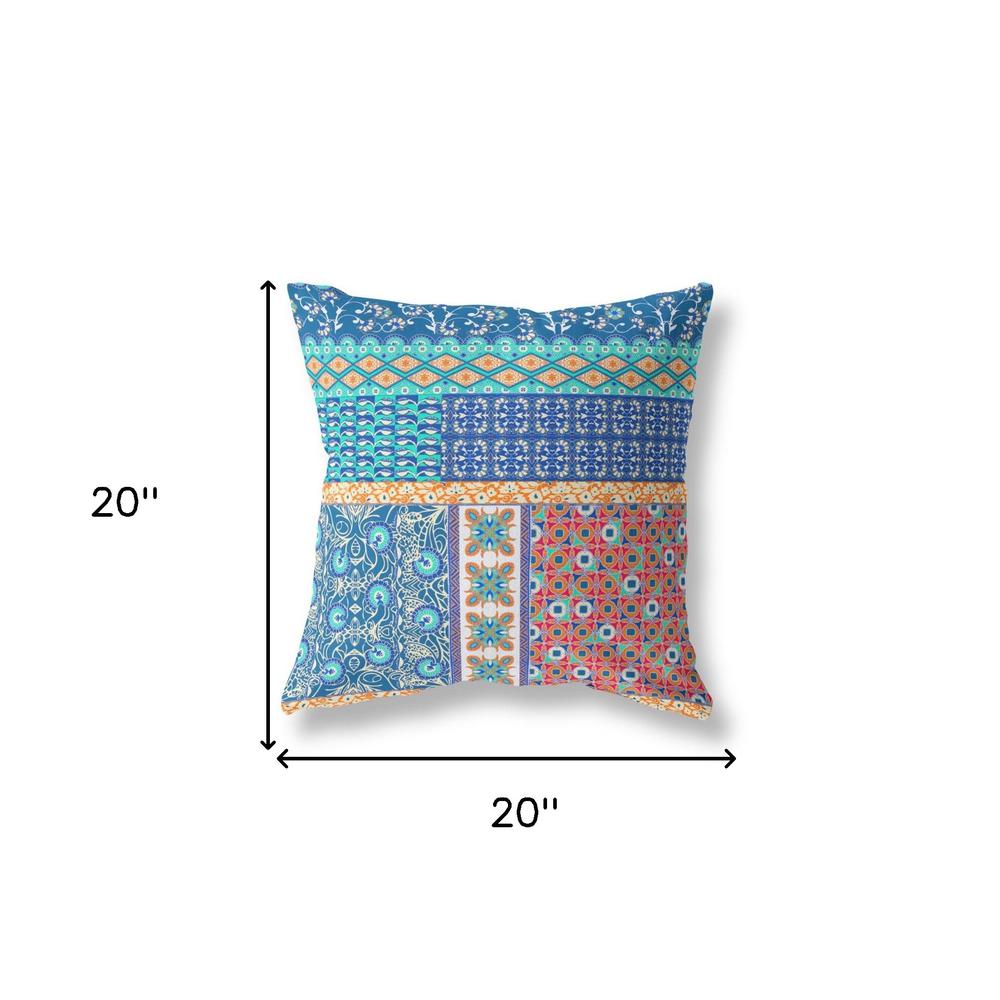 Blue, Orange Zippered Patchwork Indoor Outdoor Throw Pillow Cover & Insert. Picture 6