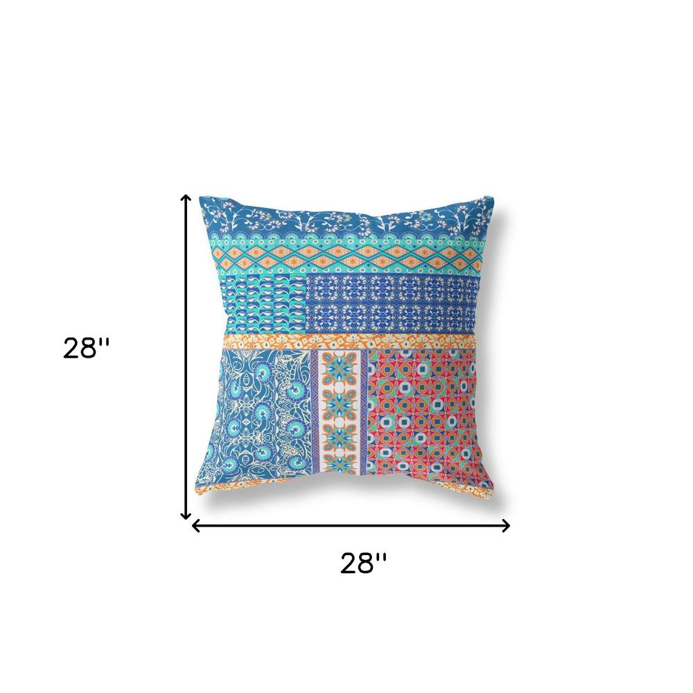 Blue, Orange Zippered Patchwork Indoor Outdoor Throw Pillow Cover & Insert. Picture 6