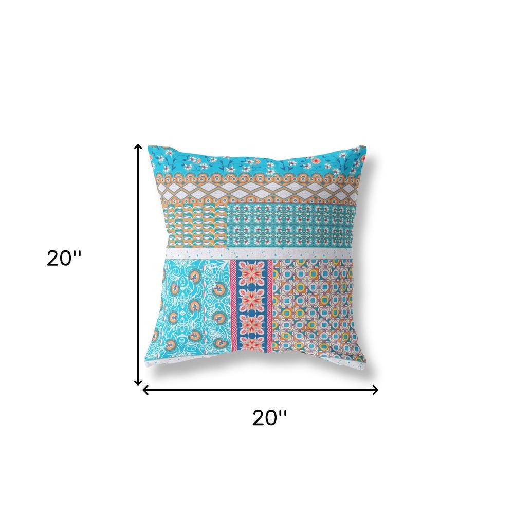 Turquoise Zippered Patchwork Indoor Outdoor Throw Pillow Cover & Insert. Picture 6