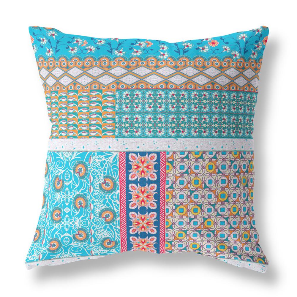 Turquoise Zippered Patchwork Indoor Outdoor Throw Pillow Cover & Insert. Picture 1