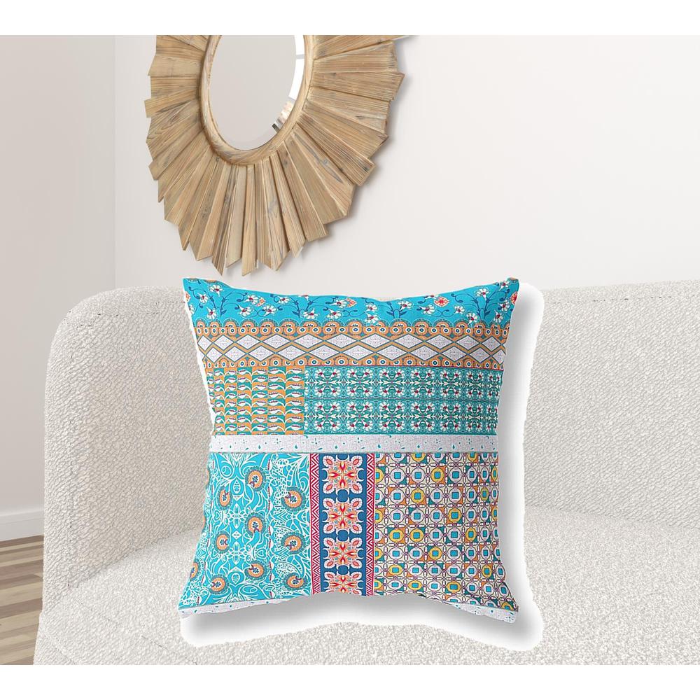 Turquoise Zippered Patchwork Indoor Outdoor Throw Pillow Cover & Insert. Picture 3