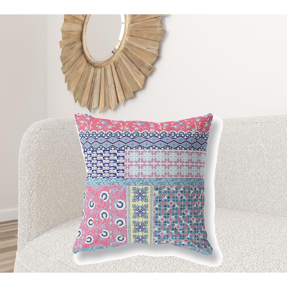 28" X 28" Pink Zippered Patchwork Indoor Outdoor Throw Pillow Cover & Insert. Picture 3