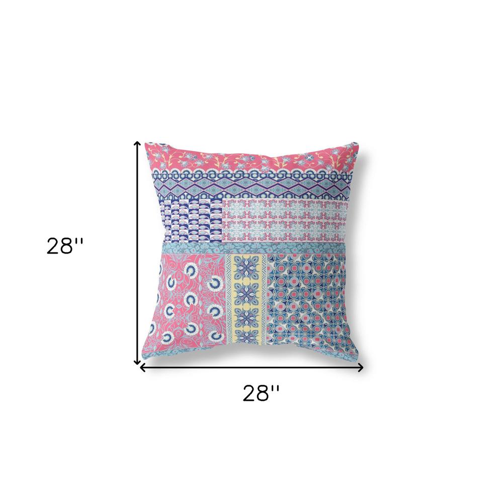 28" X 28" Pink Zippered Patchwork Indoor Outdoor Throw Pillow Cover & Insert. Picture 6