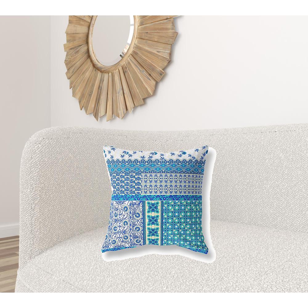 Blue, White Zippered Patchwork Indoor Outdoor Throw Pillow Cover & Insert. Picture 3