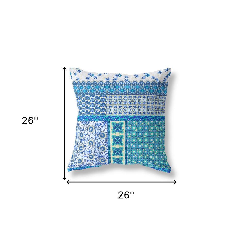 Blue, White Zippered Patchwork Indoor Outdoor Throw Pillow Cover & Insert. Picture 6