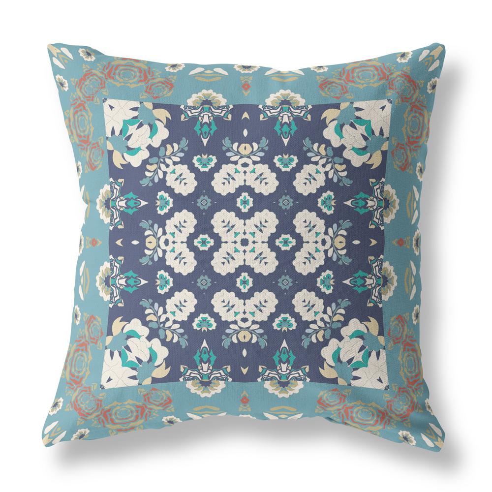 16" X 16" Gray And Blue Broadcloth Floral Throw Pillow. Picture 1