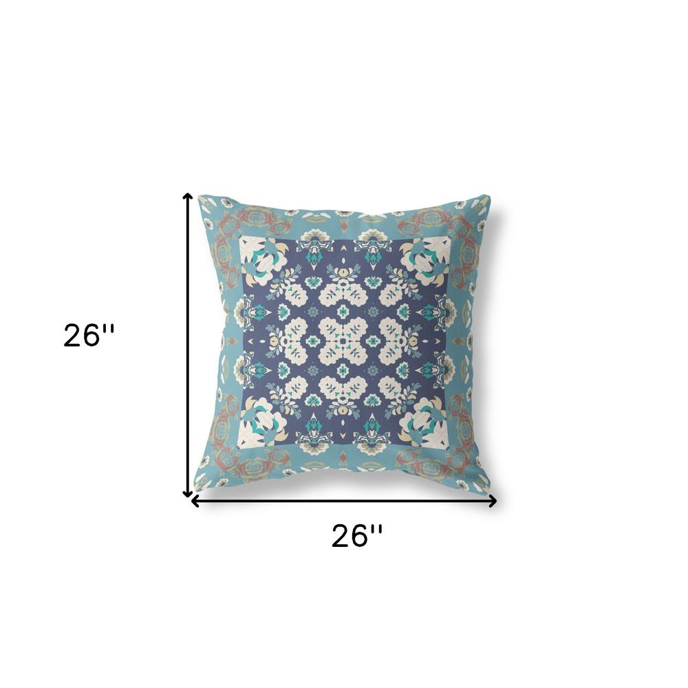 26" X 26" Gray And Blue Broadcloth Floral Throw Pillow. Picture 6