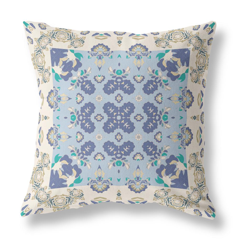 18" X 18" Off White And Blue Broadcloth Floral Throw Pillow. Picture 1