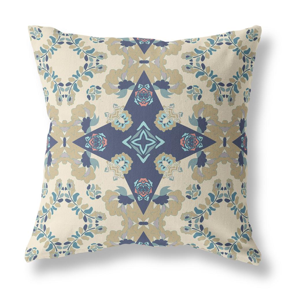 16" X 16" Cream And Blue Broadcloth Floral Throw Pillow. Picture 1