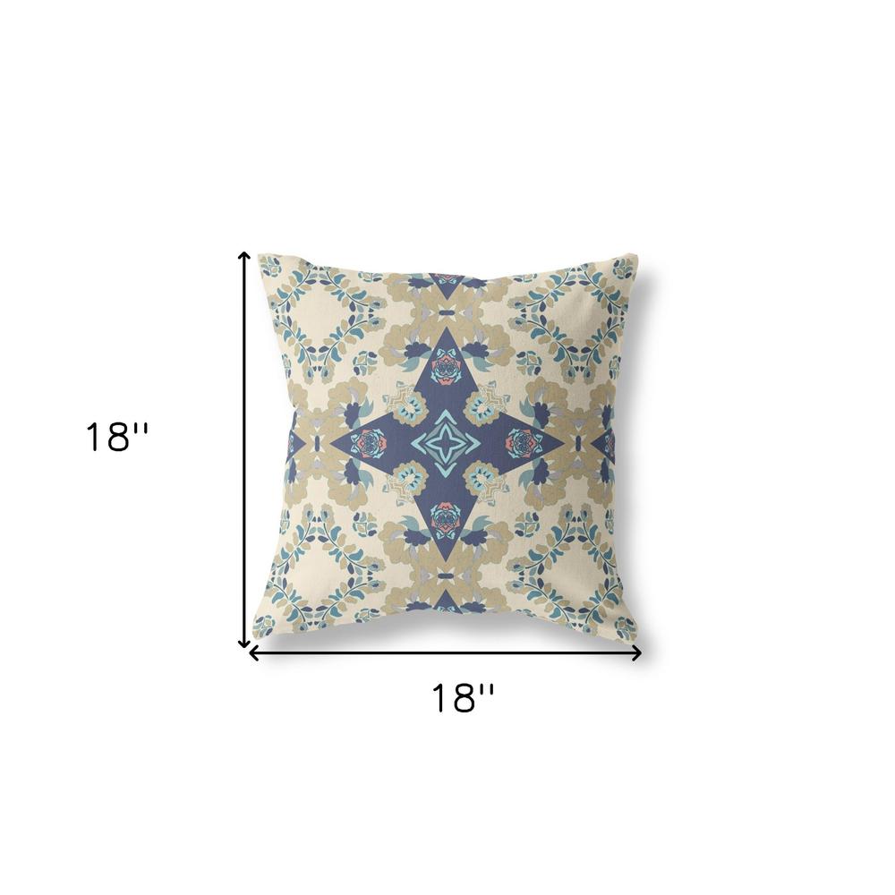 18" X 18" Cream And Blue Broadcloth Floral Throw Pillow. Picture 6