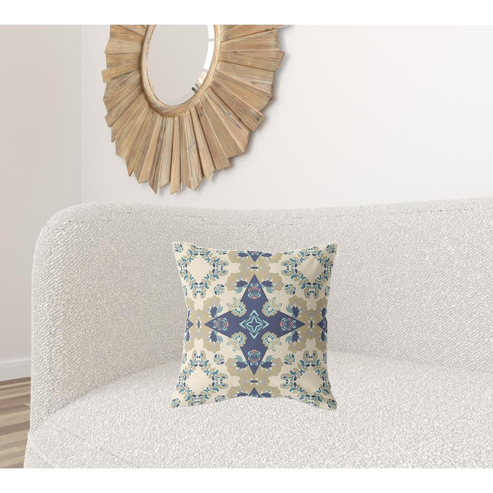 18" X 18" Cream And Blue Broadcloth Floral Throw Pillow. Picture 3