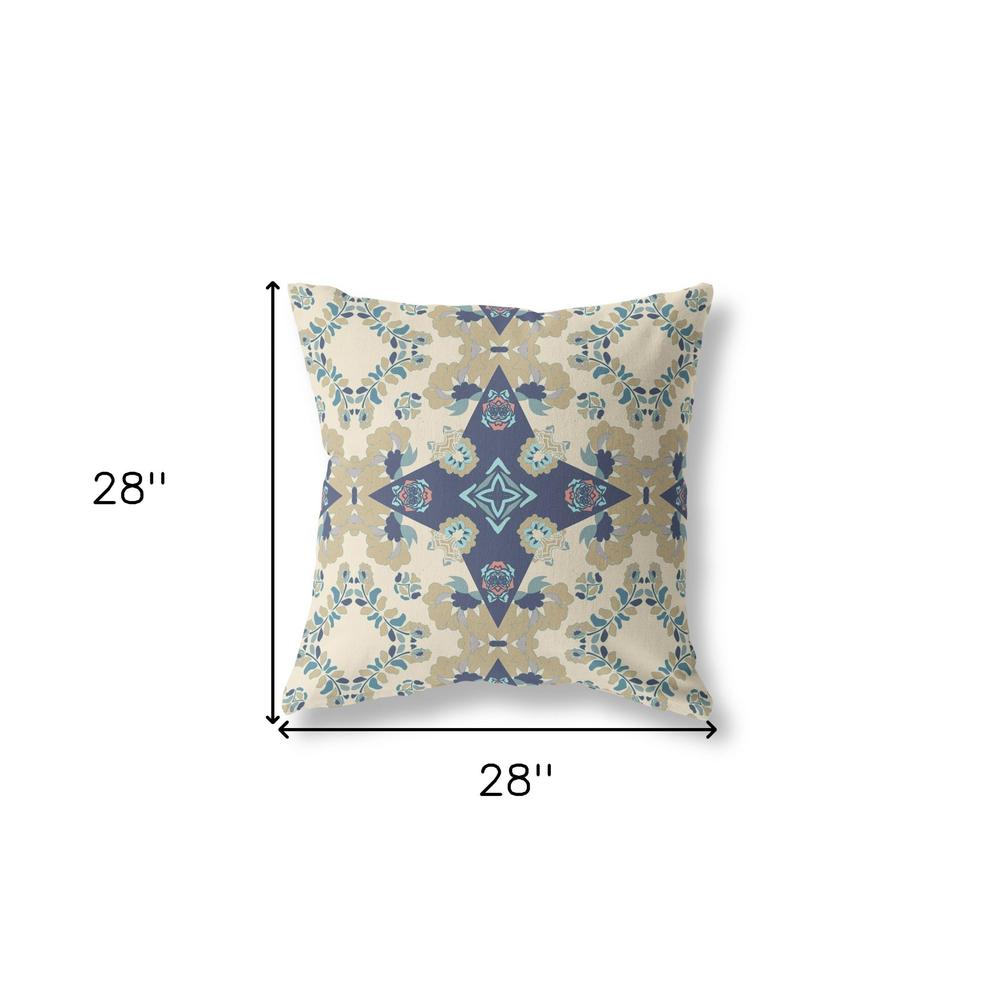 28" X 28" Cream And Blue Broadcloth Floral Throw Pillow. Picture 6