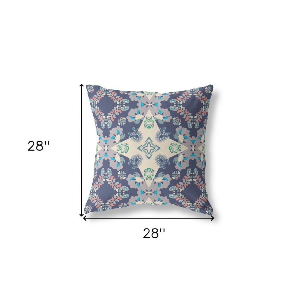 28" X 28" Blue And Off White Broadcloth Floral Throw Pillow. Picture 6