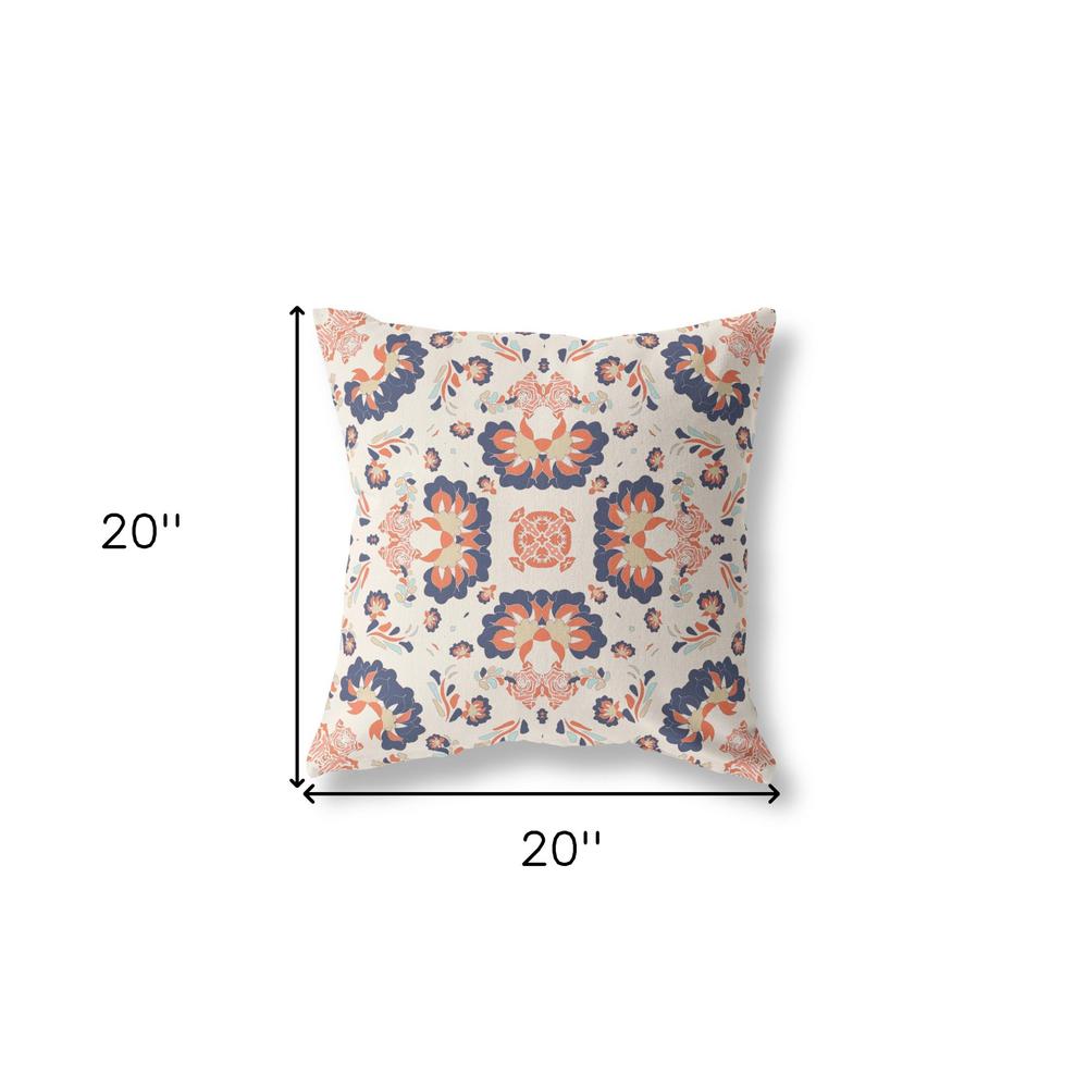 20" X 20" Off White And Blue Broadcloth Floral Throw Pillow. Picture 6