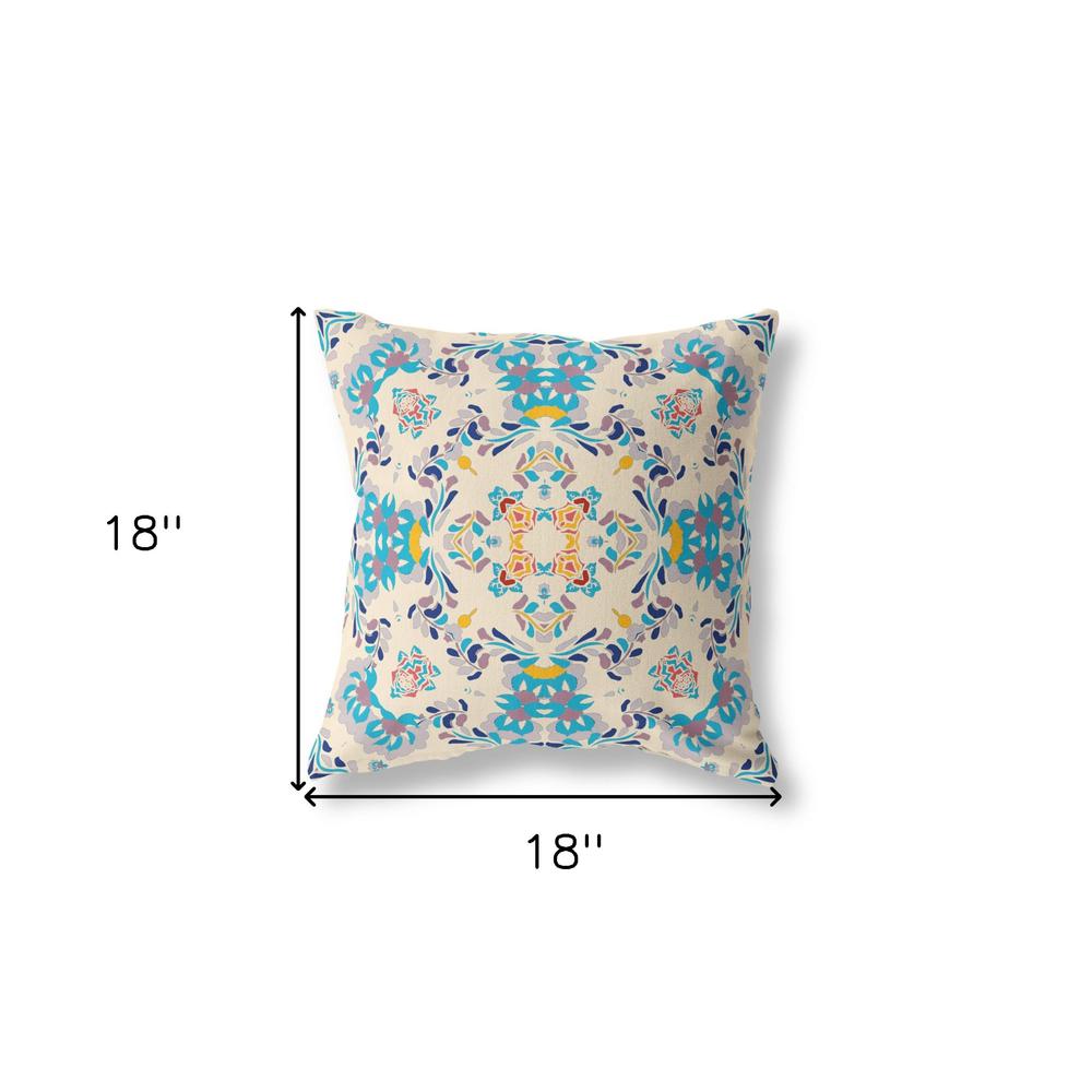 18" X 18" Off White And Blue Broadcloth Floral Throw Pillow. Picture 6