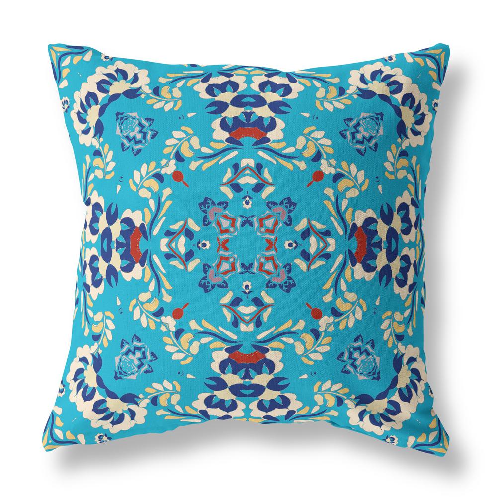 18" X 18" Blue Broadcloth Floral Throw Pillow. Picture 1