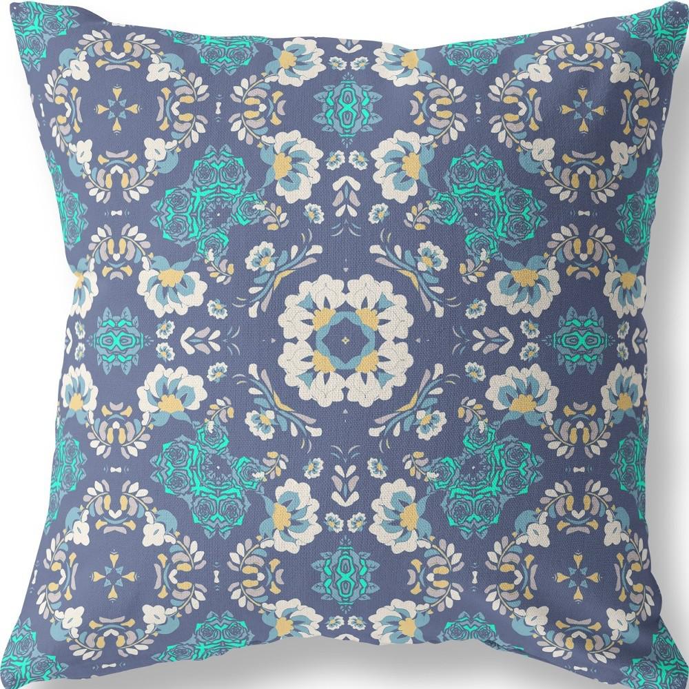 16" X 16" Blue And White Broadcloth Floral Throw Pillow. Picture 4