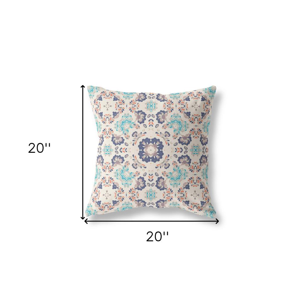 20" X 20" Off White And Blue Broadcloth Floral Throw Pillow. Picture 6