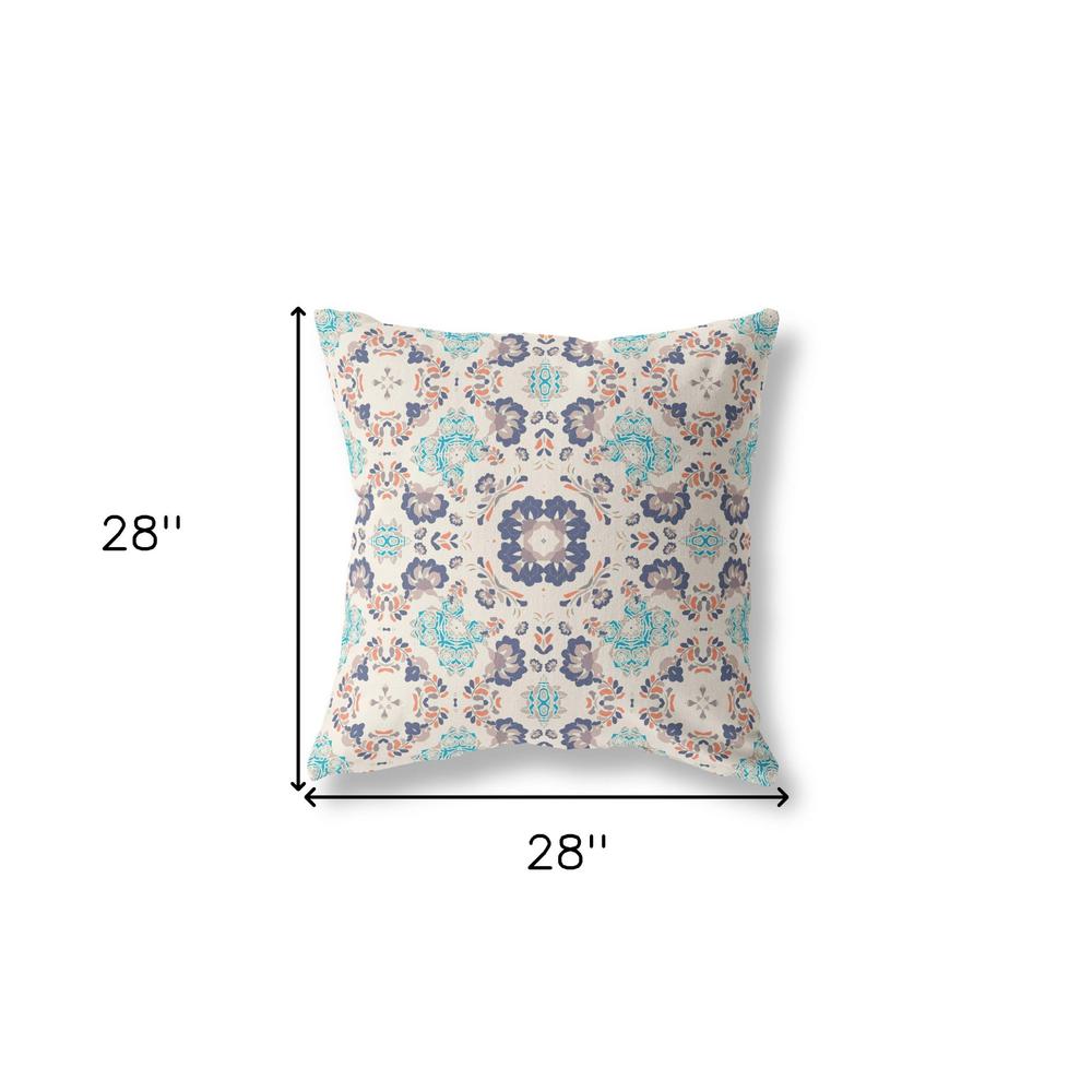 28" X 28" Off White And Blue Broadcloth Floral Throw Pillow. Picture 6